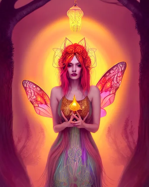 Image similar to portrait, stunningly beautiful female faerie priestess in amanita muscaria forest landscape, symmetrical wings on back, neon hair, wearing a dress of gossamer gold, inner glow, illustration, dramatic lighting, soft details, painting, art nouveau, octane render, 8 k, hd, by brom, faces by otto schmidt