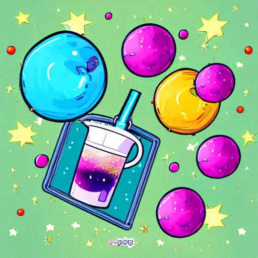 Image similar to bubble tea in space, colorfull, realistic style