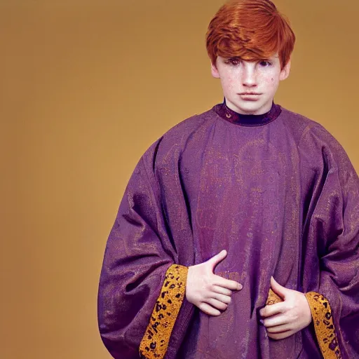 Prompt: A regal close-up, studio photographic portrait of a young man with auburn hair and freckles wearing a purple gilded medieval byzantine tunic, neutral flat lighting, overcast, hard focus, shot on a Sigma 135mm camera, featured in life magazine