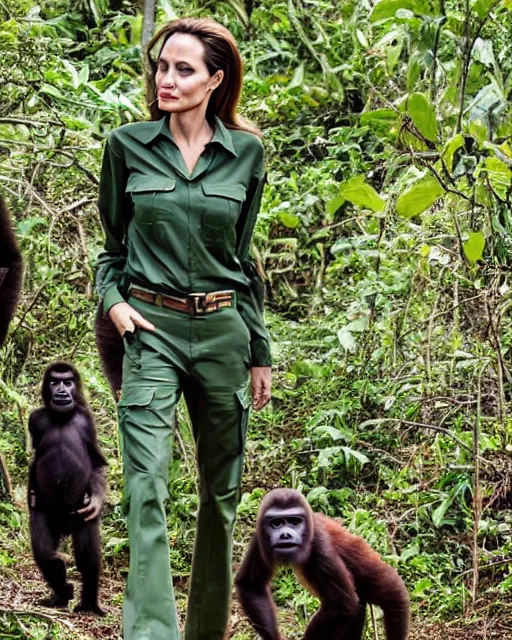 Image similar to angelina jolie wearing a green long sleeved shirt and cargo pants, encounters wild gorillas in the forests of the congo, photographed in the style of national geographic