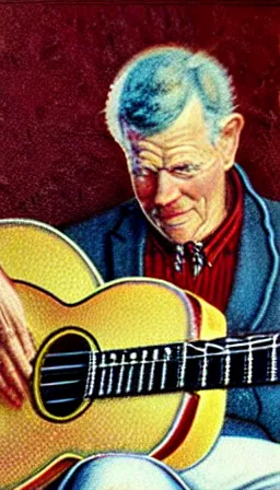 Image similar to portrait of doc watson playing guitar in the style of norman rockwell, photorealistic, award - winning