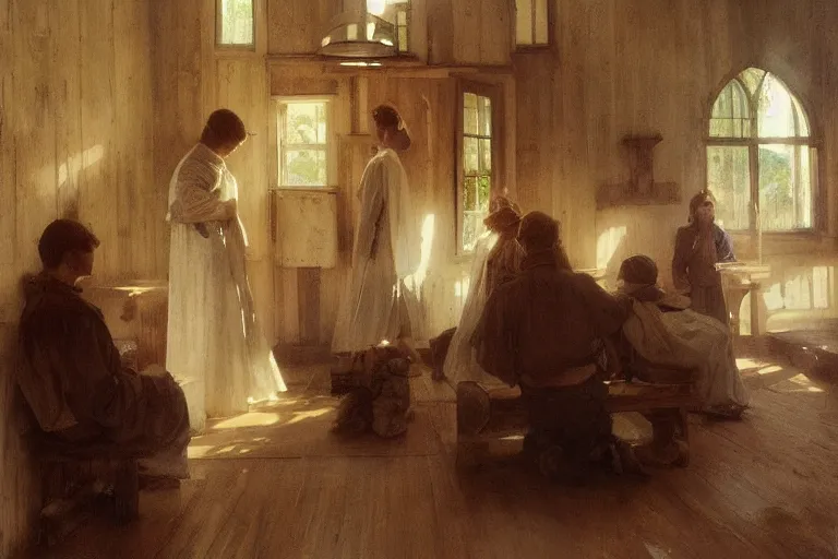 Prompt: sunday morning in a simple wooden paneled small amish shaker style cottage family chapel, bench pews, light streaming in, art by anders zorn, wonderful masterpiece by greg rutkowski, beautiful cinematic light, american romanticism thomas lawrence, greg rutkowski