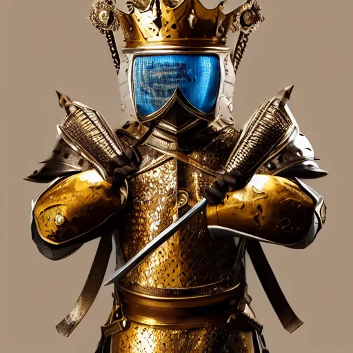 Image similar to a highly detailed knight in a T golden helmet and a golden crown with a blue diamond in the center, golden armor, leather clothes under the armor, leather gloves, holds a black sword, artstation, DeviantArt, professional, octane render, sunset lighting