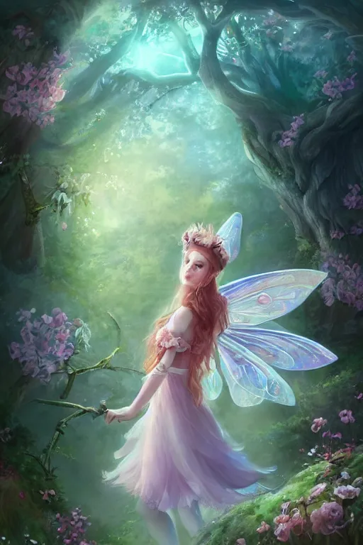 Image similar to a cute and geogerous fairy in the dreamy forest, fantasy, dreamlike, 8 k resolution, hyper detailed, d & d, character design, digital painting, trending on artstation, sharp focus, illustration, art by viktoria gavrilenko, hoang lap, fuji choko, steve zheng,