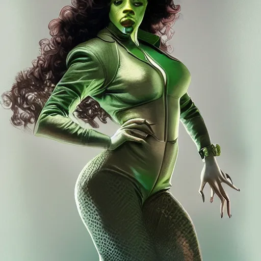 Prompt: full figure ultra realistic illustration, cardi b as the riddler, intricate, elegant, highly detailed, digital painting, artstation, concept art, smooth, sharp focus, illustration, art by artgerm and greg rutkowski and alphonse mucha