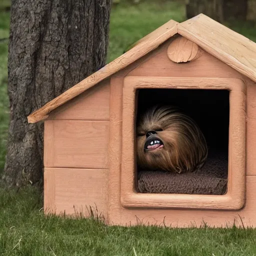 Image similar to chewbacca sleeping in a dog house