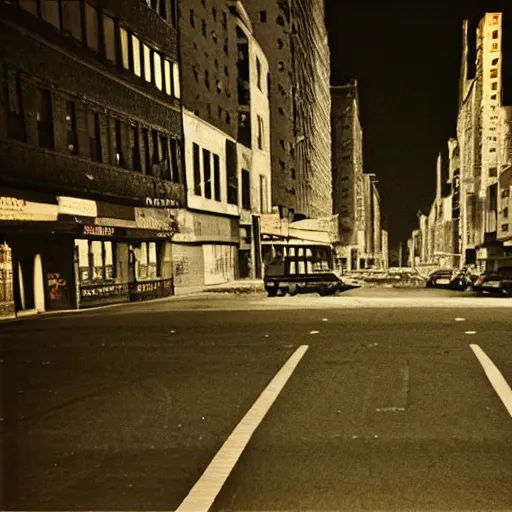 Image similar to color photograph, highly detailed abandoned New York city street at night after the war between humans and AIs, film grain, soft vignette, sigma 85mm f/1.4 1/10 sec shutter, film still promotional image, IMAX 70mm footage