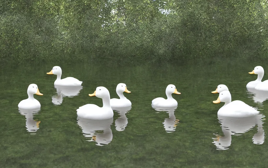 Prompt: a white duck swimming followed by small white and black ducks, in a pond surrounded by nature, moss, trees, rays of light, reflections, highly detailed, cinematic lighting, perfect composition, 4 k, gustave dore, derek zabrocki, greg rutkowski, belsinski, octane render