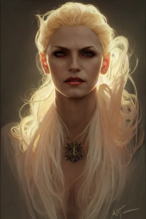 Image similar to portrait of an old blonde vampire mage, dark, piercing eyes, gentle expression, elegant clothing, photorealistic, highly detailed, artstation, smooth, sharp focus, art by michael whelan, artgerm, greg rutkowski and alphonse mucha