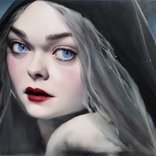 Prompt: ultra realistic portrait painting of elle fanning as a vampire wearing black cultist robes in the snow, art by frank frazetta, 4 k, ultra realistic, highly detailed, epic lighting
