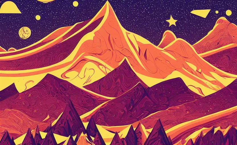 Image similar to mountains, stars and paisley filled sky, artstation, intricate, highly detailed, digital painting, concept art, sharp focus, illustration by tom whalen and charles williams and kilian eng and james jean