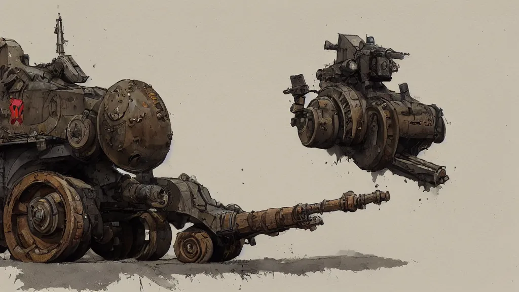 Image similar to side view of howitzer cannon, watercolored, jakub rozalski, dark colours, dieselpunk, artstation