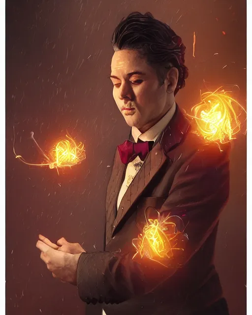 Image similar to a highly detailed portrait of serious male magician radiating a majestic fiery aura, back tuxedo, wispy tendrils of smoke, intricate, digital painting, old english, raining, sepia, particles floating, whimsical background by marc simonetti, artwork by ramond swanland and liam wong