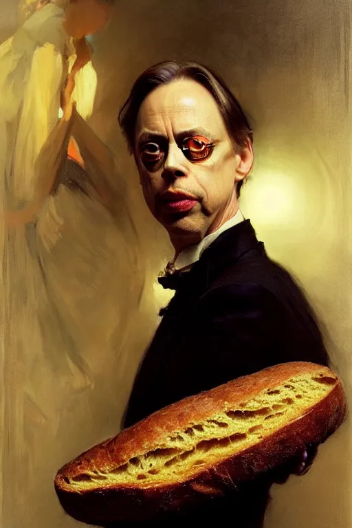 Image similar to beautiful portrait half steve buscemi wearing a loaf of sourdough bread, art by anders zorn, wonderful masterpiece by greg rutkowski, beautiful cinematic light, american romanticism thomas lawrence, greg rutkowski