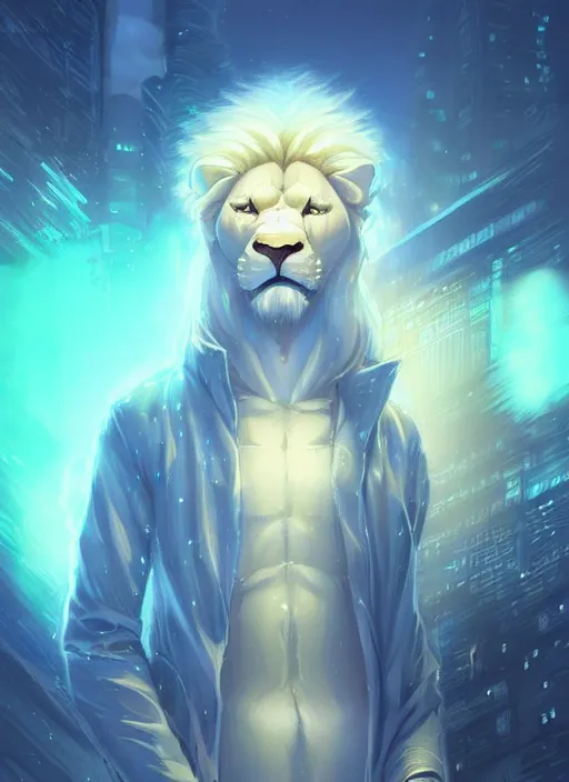 Image similar to beautiful portrait commission of a giant albino male furry anthro lion overlord controlling a vaporwave city at night in the rain below him. Neon light. Atmospheric. Character design by charlie bowater, ross tran, artgerm, and makoto shinkai, detailed, inked, western comic book art, 2021 award winning painting