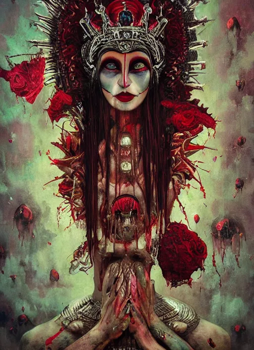 Prompt: queen of hearts, aztec god, highly detailed, cinematic, 8 k, by megan duncanson, benjamin lacombe, adrian borda, stanley artgermm, tom bagshaw, craig mullins, carne griffiths, ayami kojima, beksinski, giger, trending on deviantart, hyper detailed, horror, full of colour