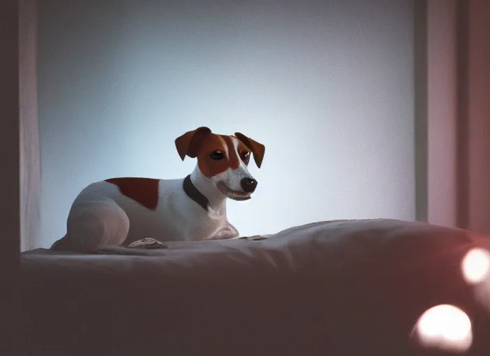 Image similar to photography of a Jack Russel . watching outside the window. on a bed. in a vintage room full of vinyls and posters.,volumetric light, photorealistic,, award winning photo, 100mm, sharp, high res