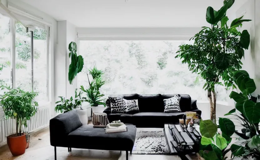 Image similar to interior of a bohemian living room, black and white, green potted plants, couch, diner table, cupboards, modernist, minimalism, big windows with a view of lush trees, feng shui, 8 k