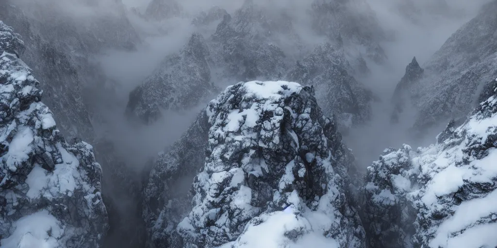 Image similar to standing on a cliff looking down at backlit low lying clouds in a snowy valley with craggy giant rocks hidden in mist, artstation, matte painting dramatic light cinematic