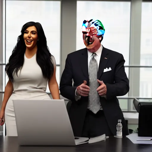 Image similar to stock photo of kim kardashian, and joe biden wearing suits and ties laughing in an office building, 8k resolution, full HD, cinematic lighting, award winning, anatomically correct