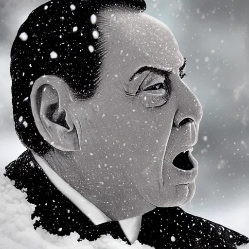 Image similar to Silvio Berlusconi covered in snow on face, open mouth close up, trending on artstation