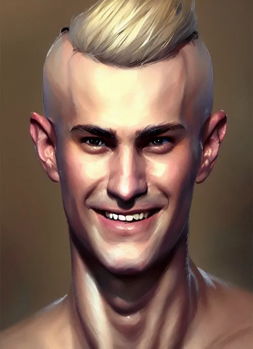 Image similar to a _ fantasy _ style _ portrait _ painting _ of white male short fringe light brown hair short face grinning clean shaven short head, rpg dnd oil _ painting _ unreal _ 5 _ daz. _ rpg _ portrait _ extremely _ detailed _ artgerm _ greg _ rutkowski _ greg