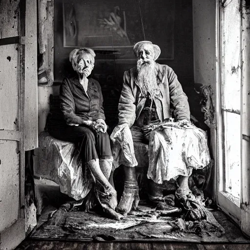 Prompt: wetplate of an old man and an old woman hide a dissected weird biological creature in a large plastic sheet, farmers, country house interior, partially visible anatomy, old photography, black and white, dramatic, highly detailed, 4 k post - processing, 8 k resolution - - ar 2 3 9 : 1 0 0 - - q 3