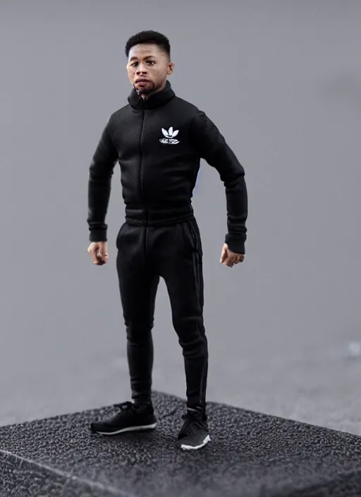 Image similar to 80mm resin detailed miniature of man squatting in black Adidas tracksuit, Product Introduction Photos, 4K, Full body,