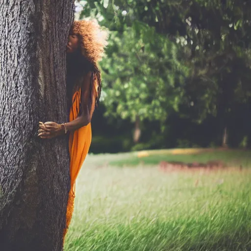 Prompt: a woman standing close to a tree