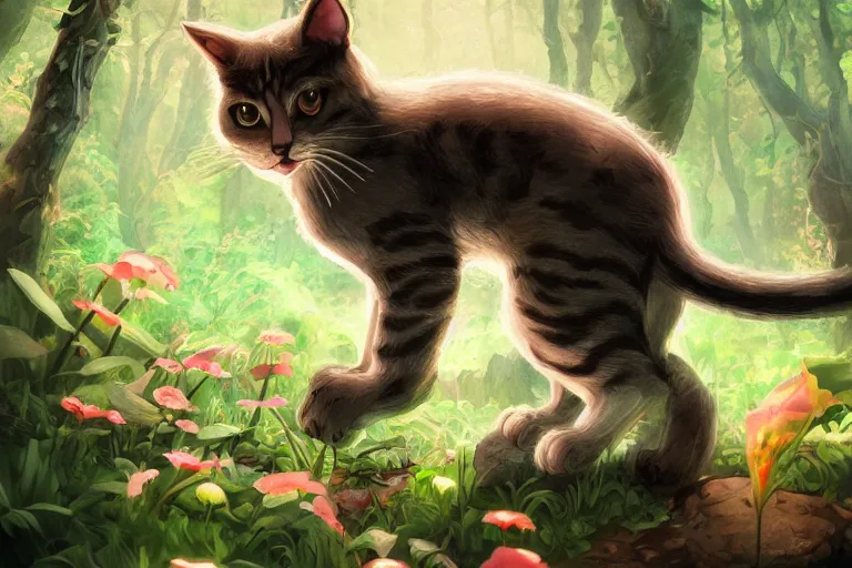 Image similar to a cat in a forest, highly detailed, digital art, trending on artstation, backlighting, by kawacy, by ken sugimori, fan art