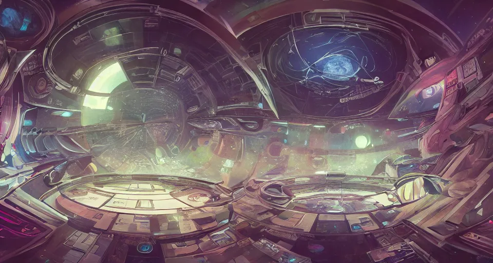 Image similar to A beautiful artwork illustration, inside of an alien ship, cluttered with charts, images, and holograms of planets, featured on artstation, wide angle, horizontal orientation