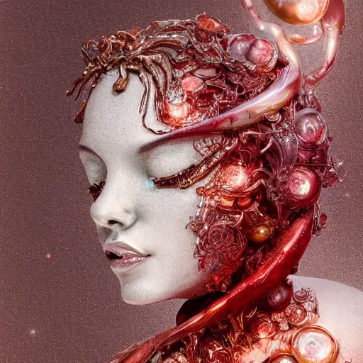 Image similar to abstract highly detailed female sculpture drawing made of white marble and red crystals quartz and minerals, ethereal lights, fine details, artstation, digital paint, fantasy, cinematic photoshooting, illustration, 8 k, intricate golden filigree, octane render, hypperrealistic painting, abstract liquid acrylic art, painting by james gilleard and minna sundberg