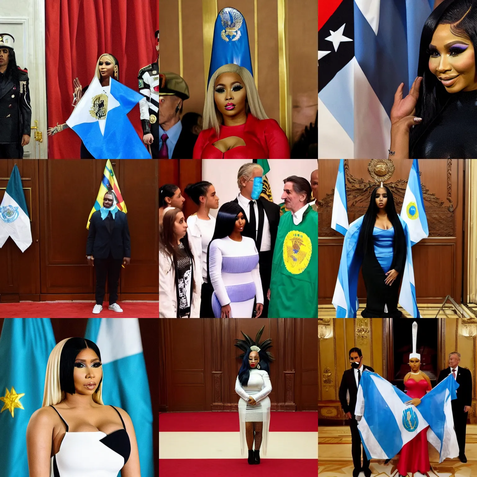 Prompt: Nicki Minaj dressed as president of Argentina, standing beside a Argentine Flag inside the Argentine Congress, detailed picture