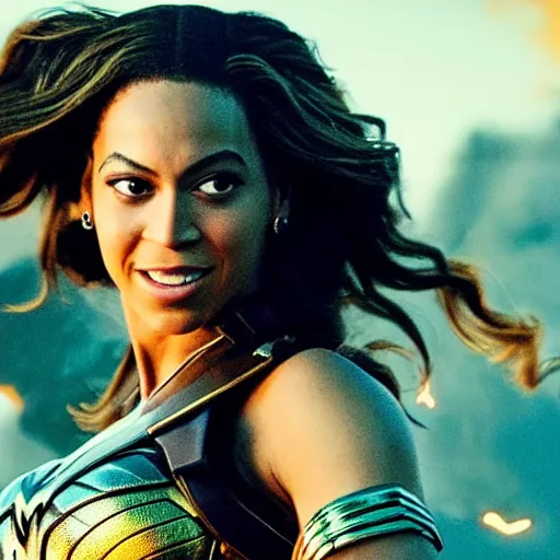 Image similar to A movie still of Beyonce as Wonder Woman, dynamic lighting, smiling, 8k, Heroic Pose, 2022 picture of the year