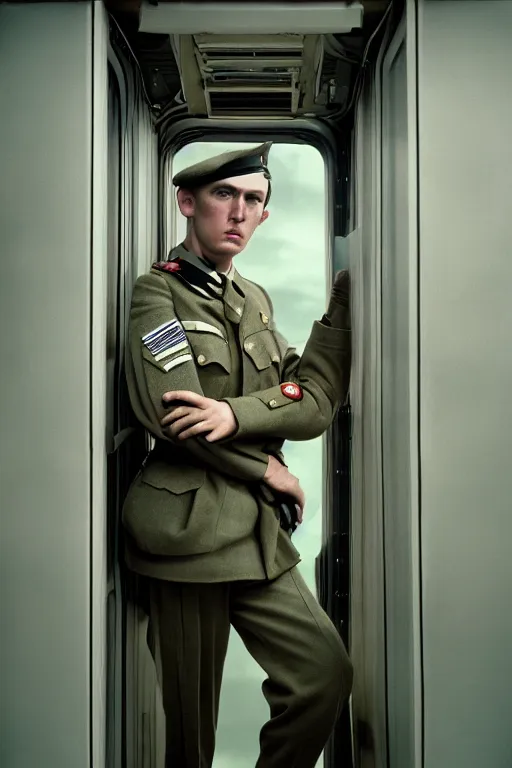 Prompt: kodak portra 5 0 mm f 4 full body portrait photography of a wwii airborne infantry soldier who's a mix of gillian anderson and adam driver, looking exhausted, setting is inside a sci fi megastructure tower looking out a window, photo by erwin olaf