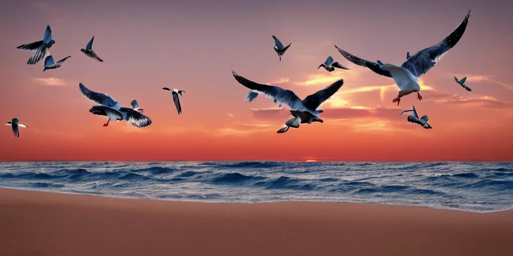 Image similar to seagulls flying over the ocean during the sunset as the sand twinkles, realistic