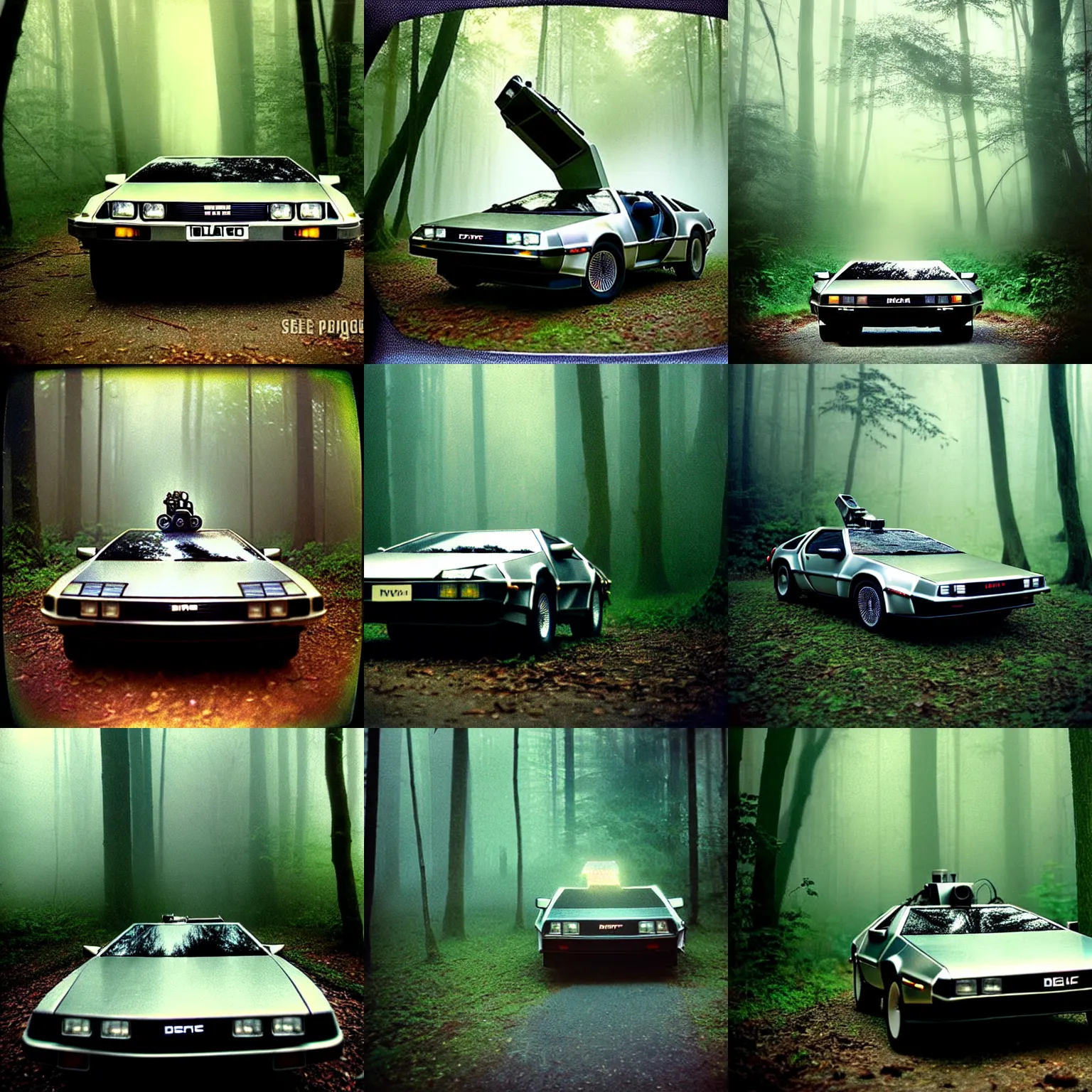 Prompt: delorean car as mech oversized robot, fog, in eerie deep fairy jungle forest jungle, overcast! cinematic focus, old damagaed polaroid photo, vintage, neutral colors, faded!! very soft lights, big overcast, very foggy, full shot by steve hanks, by serov valentin, by lisa yuskavage, by andrei tarkovsky
