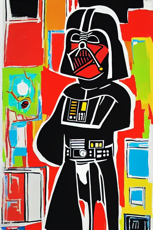 Prompt: an illustration of darth vader watching tv in the style of basquiat by margaret wise brown