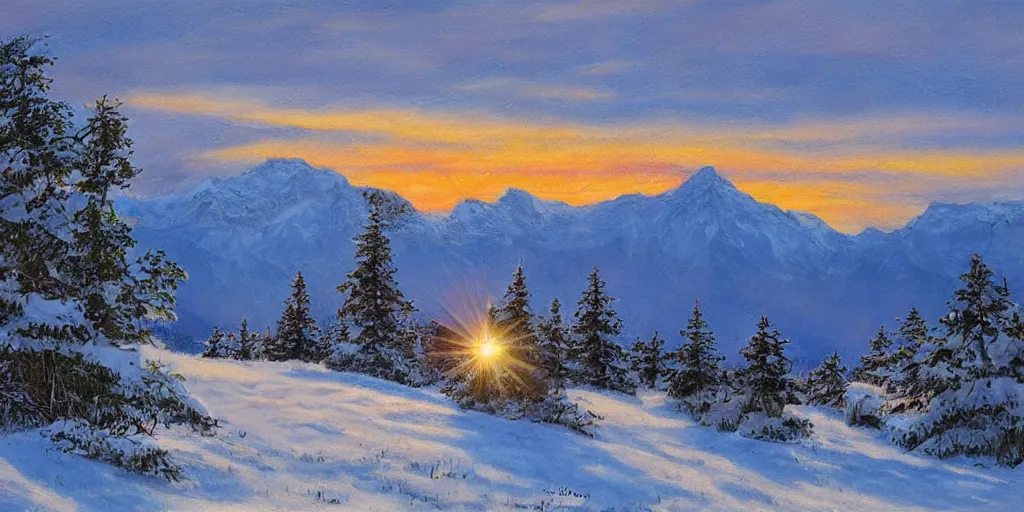 Prompt: a beautiful landscape, sun rises between two snowy mountains, art by phillipp urlich