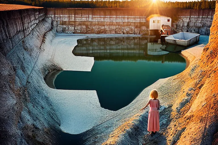 Image similar to an abandoned water - filled lime quarry. the water filled quarry is located in oland, sweden. golden hour, portrait, dslr, 3 5 mm, wide angle, the happiest childhood summer memories, magical realism photograph by erik johansson