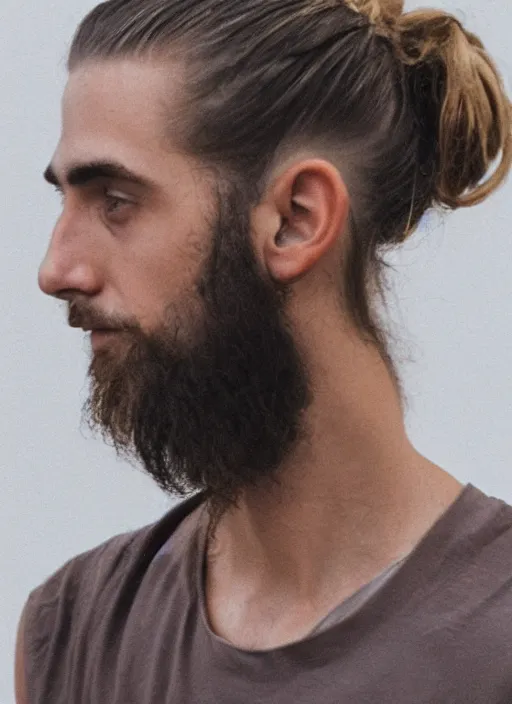 Image similar to a skinny young white male with a dark brown man bun for hair