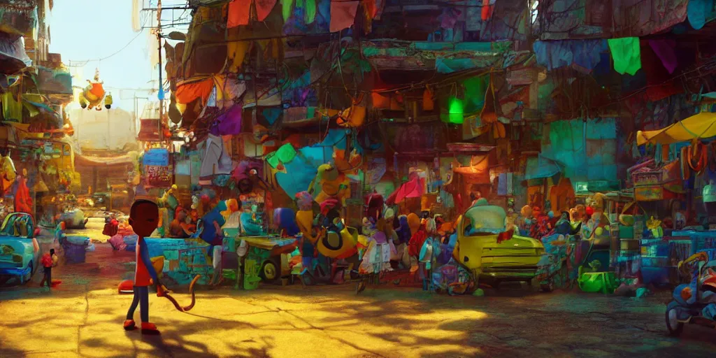 Prompt: a film still from sony pictures animation by alberto mielgo, an african favela city market, vibrant, 5 0 mm lens, video game character and environment design, behance hd, studio, dramatic lighting, cinematic, global illumination, trending on artstation, bloom