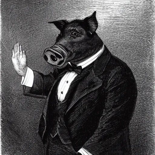 Image similar to a pig in a tuxedo, creepy atmosphere, dark, portrait, realistic, very realistic, illustration by Gustave Doré