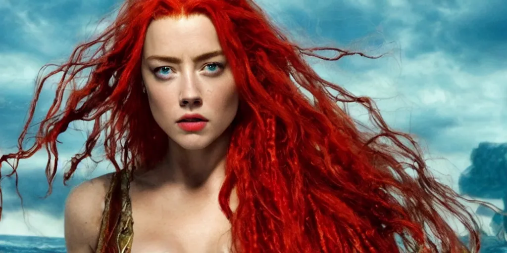 Image similar to red hair mera from aquaman played by amber heard fights captain jack sparrow played by johnny depp, motion blur, real life, spotted, leaked, ultra realistic face, accurate, 4 k, movie still, uhd, sharp, detailed, cinematic, render, modern