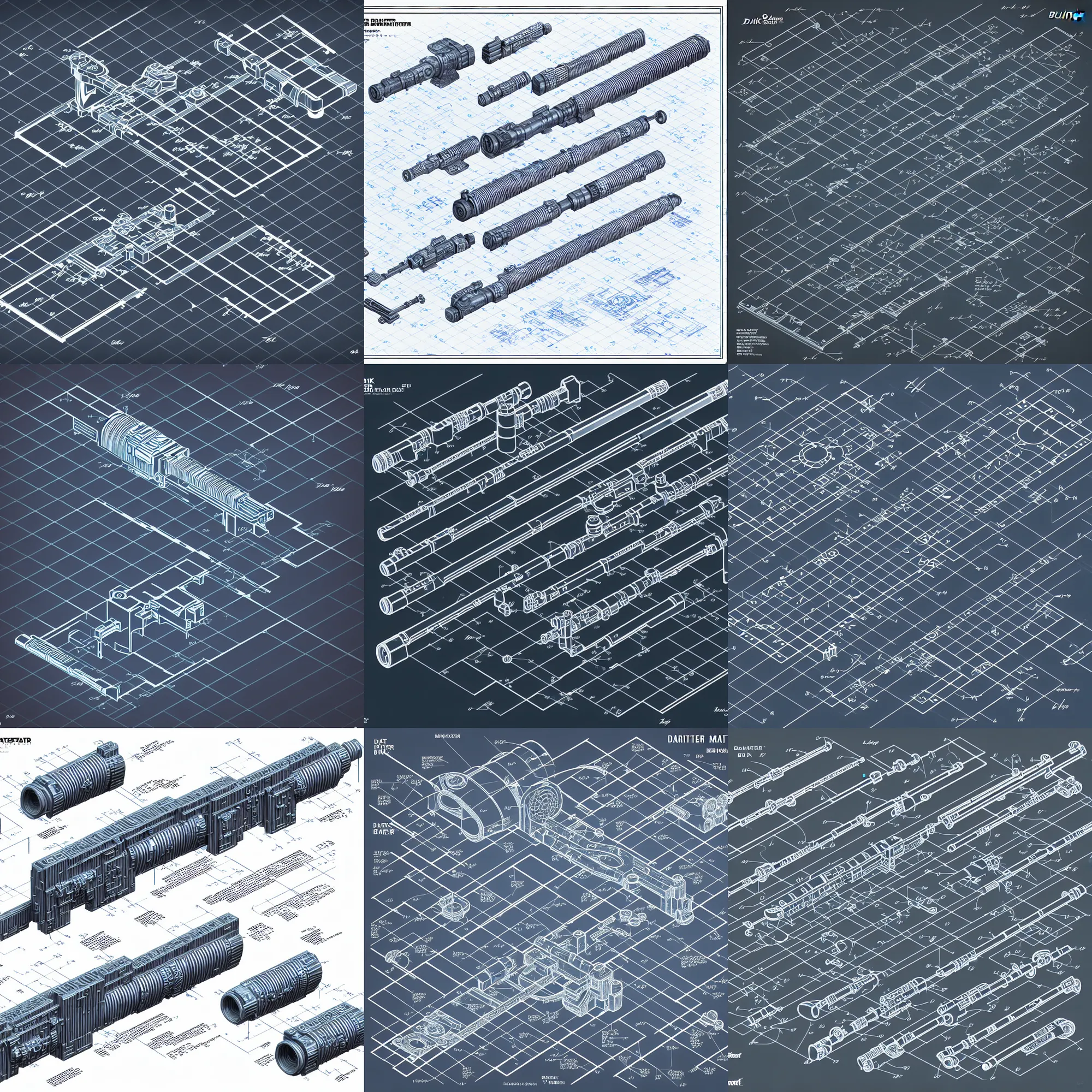 Prompt: very detailed isometric blueprint scheme of a condensed dark matter blaster, patented in 2039