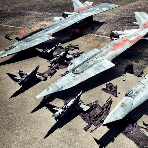 Prompt: broken and abandoned Military Jets on a tarmac, gothic art, color, highly detailed