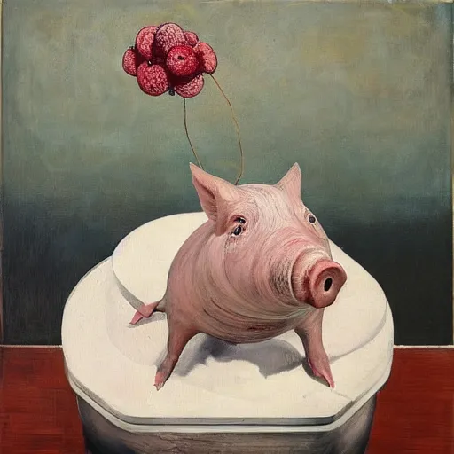 Image similar to “pig paintings and pig sculptures in a pig art gallery, pork, ikebana white flowers, white wax dripping, squashed raspberry stains, acrylic and spray paint and oilstick on canvas, by munch and Dali”