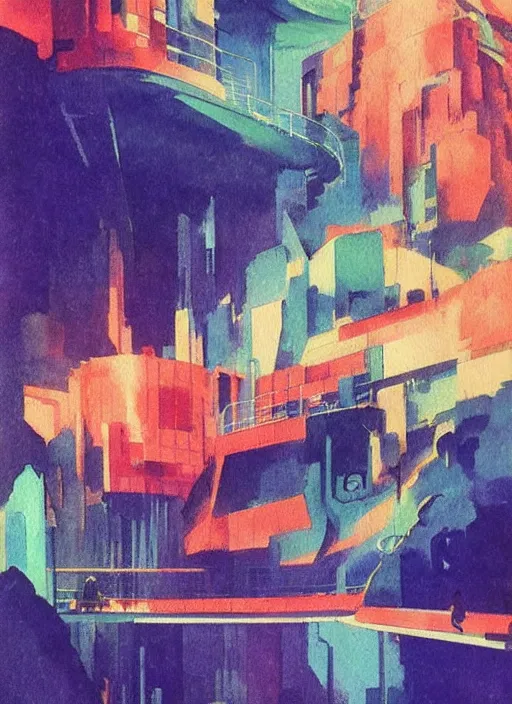 Image similar to vintage anime cinematic lush underwater glowing city on the edge of a steep cliff by Sonia Delaunay and Ivan Aivazovsky, muted tones, watercolor concept art by Syd Mead, by william herbert dunton, watercolor strokes, japanese woodblock, by Jean Giraud