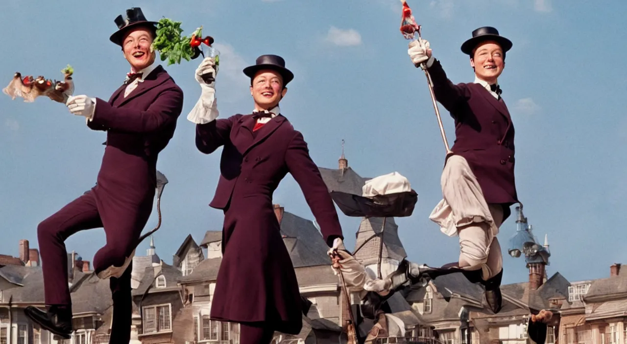 Prompt: Elon Musk as Mary Poppins, still from Mary Poppins (1964)