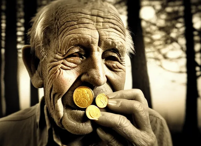 Image similar to old retro burnt out sepia photograph with scratches of an old and wrinkled man biting into a golden coin with his teeth. magical forest in the background with bokeh. Antique. High quality 8k. Intricate. Sony a7r iv 35mm. Award winning.